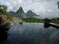 Infinity pool with a view of the Pitons and the Caribbean Sea in our room at Jade Mountain